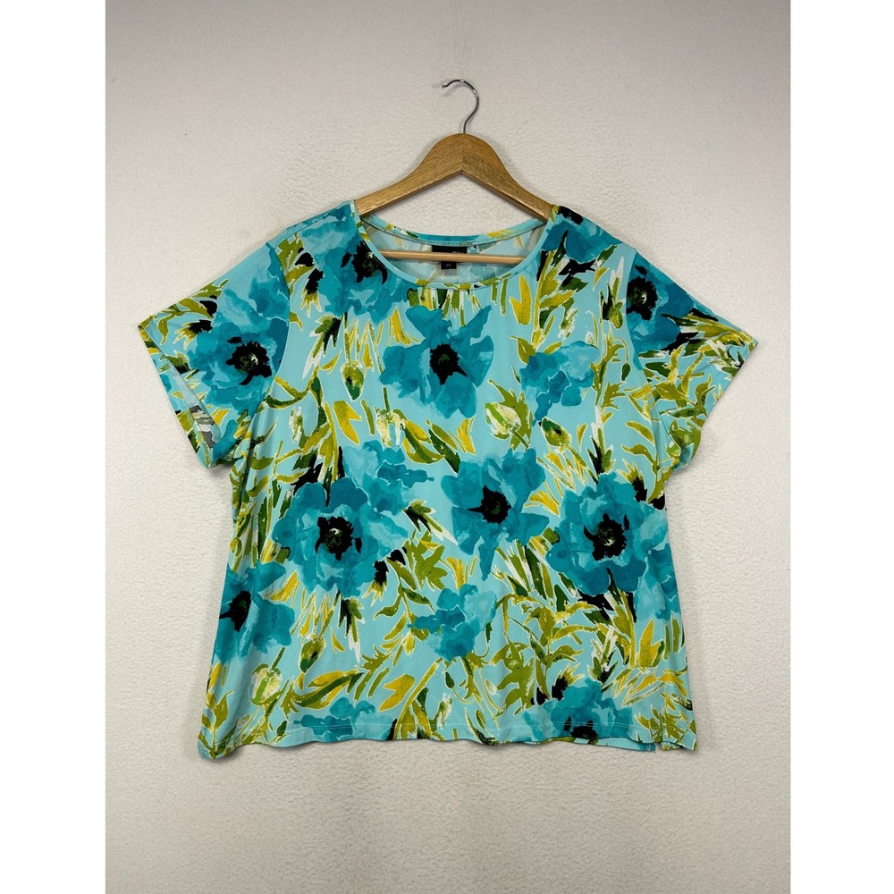 Floral Tropical East 5th Woman 2X Turquoise Blue Green‎ Short Sleeve Stretch Top